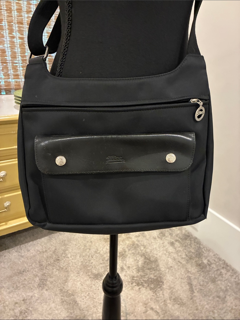 Longchamp Planetes Black Nylon Crossbody Messenger Bag with Silver Hardware